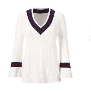 $114 Cabi Ace Pullover Sweater Womens Small White Knit Bell Sleeve V-Neck 5639